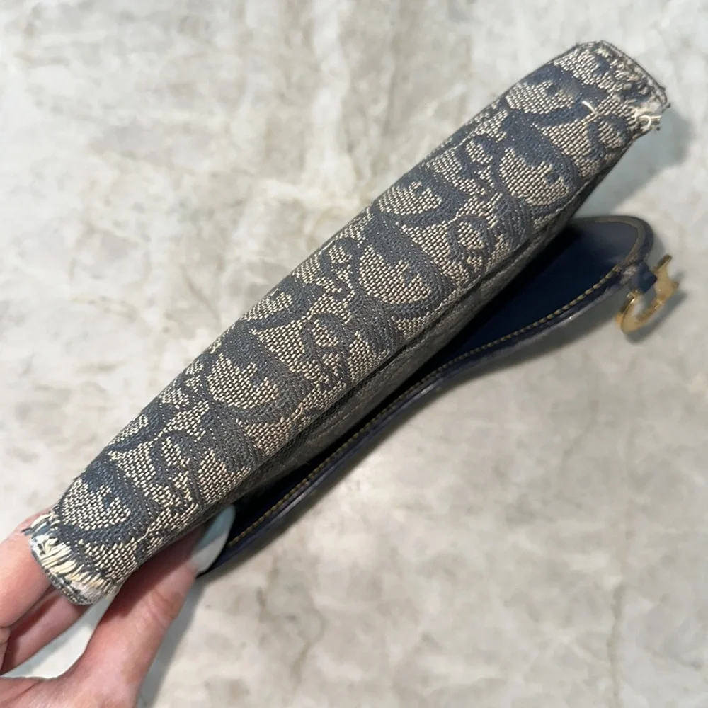 Christian Dior Large Denim Blue Gold Monogram Clutch Wallet
